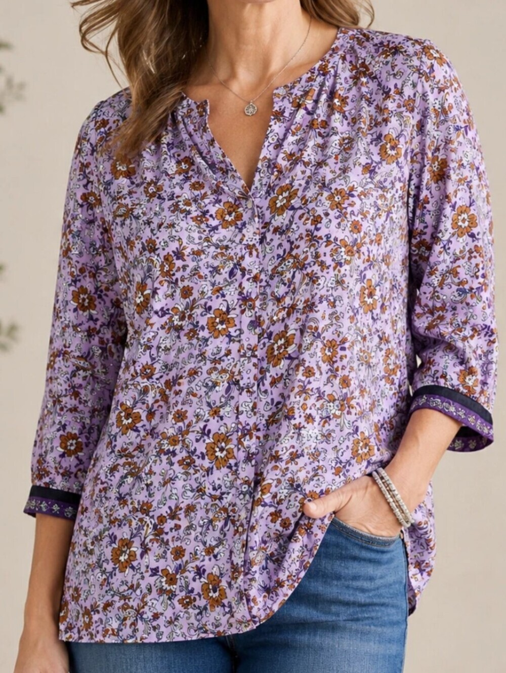J. Jill Purlpe Floral 3/4 Length Sleeve Button Down Blouse Top Women's XS